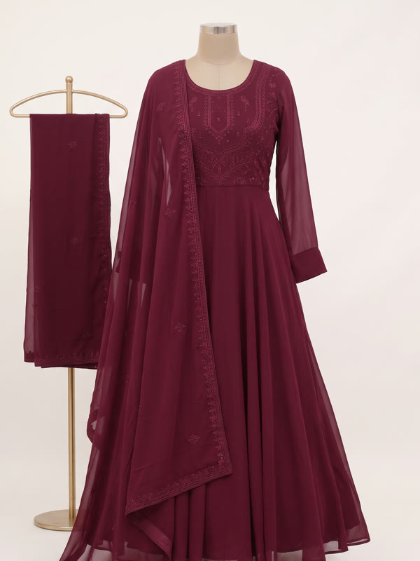 Floor Length Anarkali Gown - Wine - Georgette, Wine
