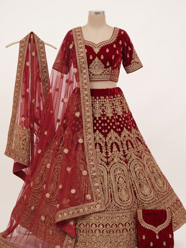 Bridal Lehenga Choli - Red - Velvet & Net, Bridal Red