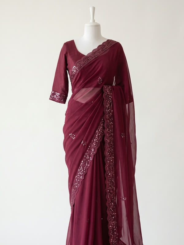 Chiffon Party Saree - Wine - Chiffon, Wine