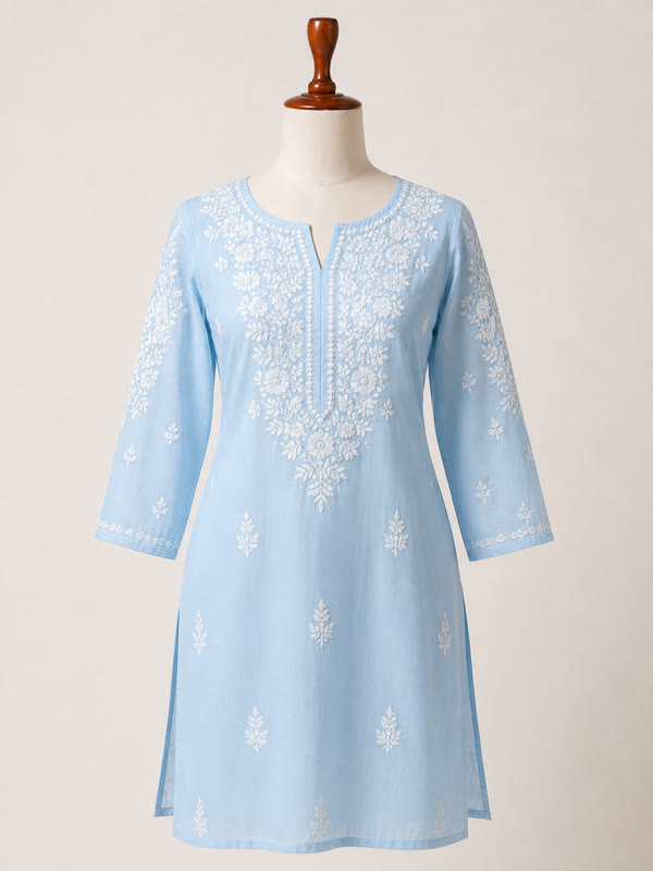 Chikankari Kurti - Sky Blue - Cotton Blend, Sky Blue