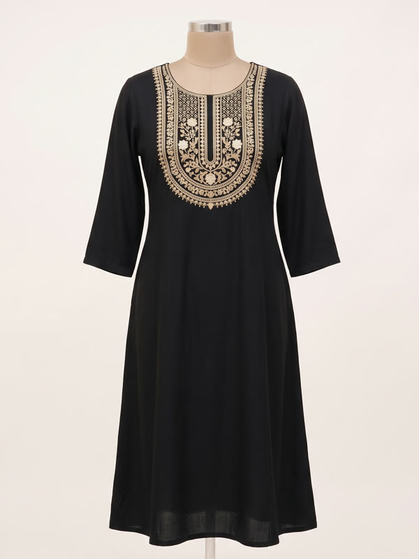 Embroidered A-Line Kurti - Black - Viscose, Black