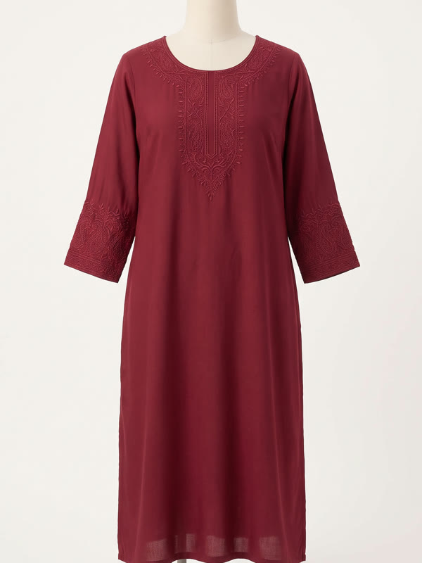 Embroidered Straight Kurti - Maroon - Rayon, Maroon