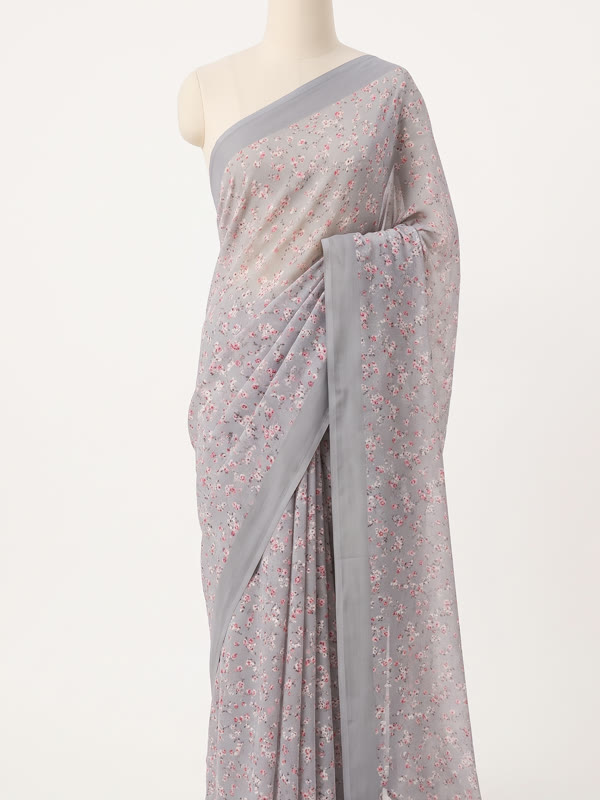 Georgette Printed Saree - Grey - Georgette, Grey