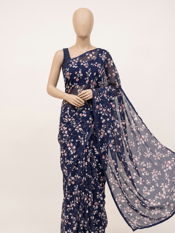 Georgette Printed Saree - Navy - Georgette, Navy Blue