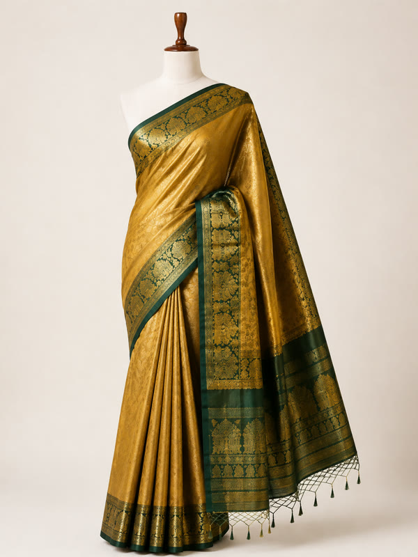 Kanjivaram Style Saree - Gold - Art Silk, Gold & Green
