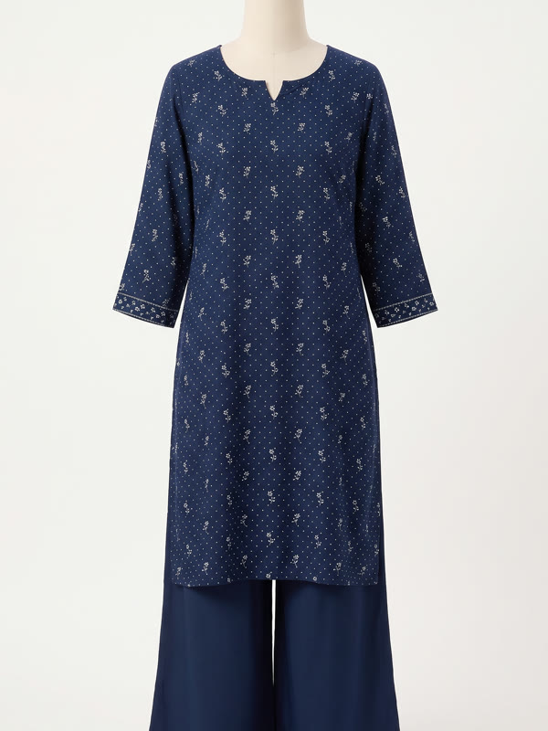 Kurti with Palazzo Set - Navy - Rayon, Navy Blue