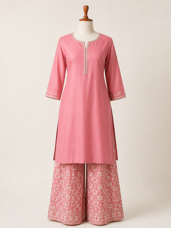 Kurti with Palazzo Set - Pink - Rayon, Rose Pink