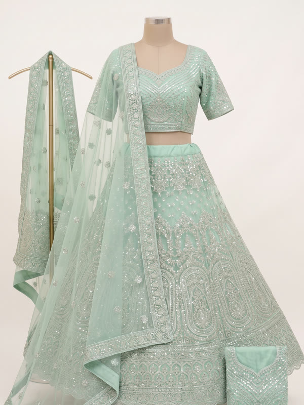 Party Lehenga - Mint Green - Net, Mint Green