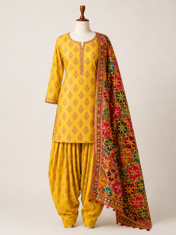 Patiala Suit Set - Yellow - Cotton Blend, Yellow