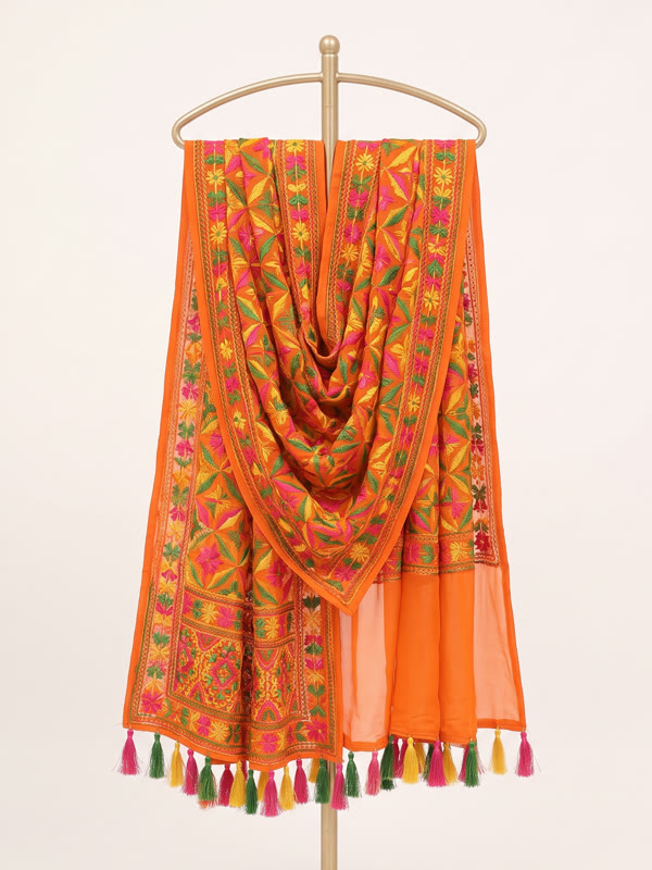 Phulkari Dupatta - Orange - Chiffon, Orange