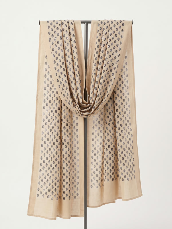 Printed Cotton Stole - Beige - Cotton, Beige