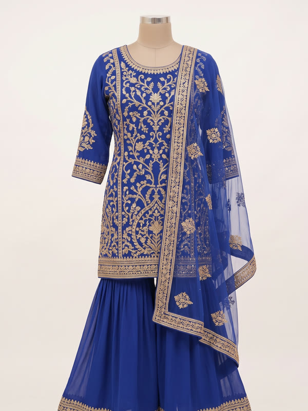 Sharara Suit Set - Royal Blue - Georgette, Royal Blue
