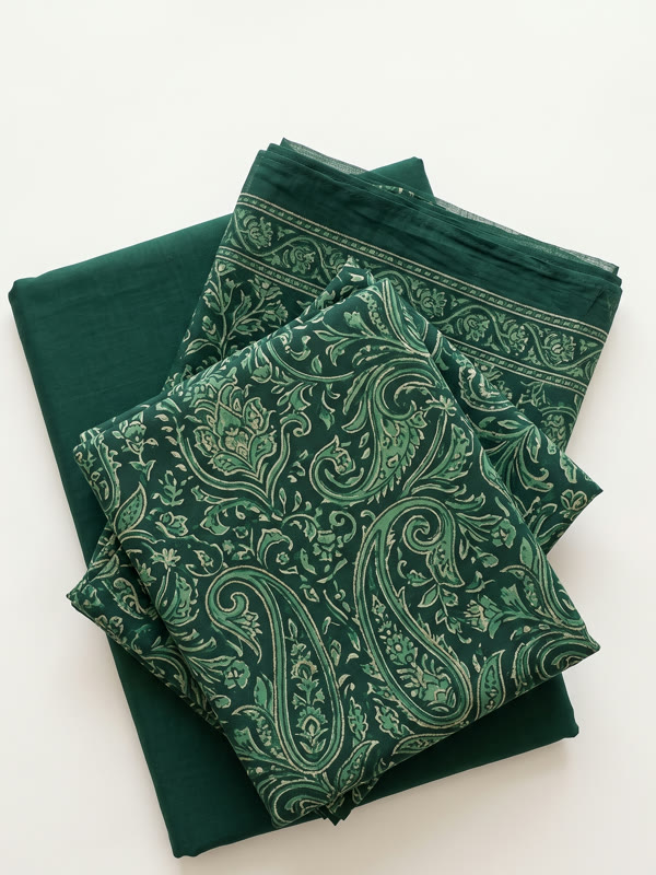 Unstitched Cotton Suit - Green - Cotton, Bottle Green